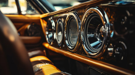A powerful car audio speaker system embedded in the back seat area, surrounded by premium leather and chrome accents in a luxury SUV.の素材