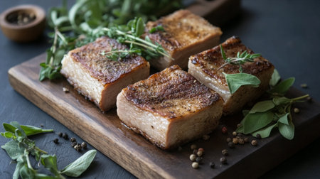 A rustic wooden board displaying marinated pork belly ready for grilling, with fresh herbs and spices scattered around for an appetizing look.の素材