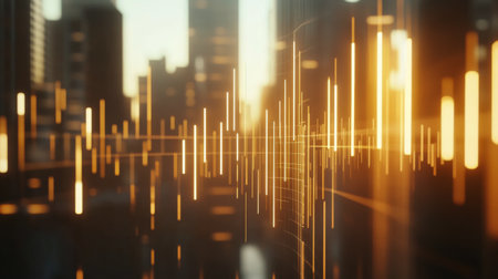 A professional D bar chart in soft gradient tones, with bars rising upwards and data lines overlaid, set in a minimalist digital environment.の素材