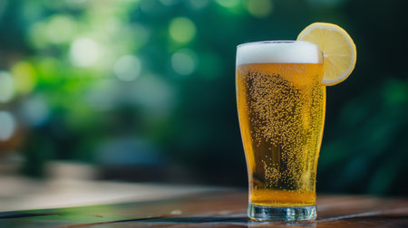 A refreshing lager in a tall glass with bubbles rising to the surface, accompanied by a slice of lemon on the rim, against a blurred outdoor patio background.の素材