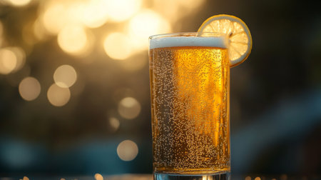 A refreshing lager in a tall glass with bubbles rising to the surface, accompanied by a slice of lemon on the rim, against a blurred outdoor patio background.の素材