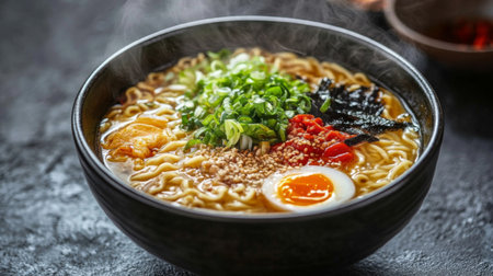 A steaming bowl of ramen with fresh toppings, placed on a textured surface, creating an inviting and warm atmosphere for food lovers.の素材