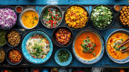 A vibrant scene of a Thai street food stall with bowls of khanom jeen and various curry sauces, creating an inviting atmosphere for food lovers.の素材