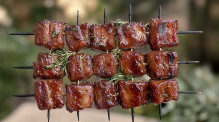 A visually appealing display of pork belly skewers on a grill, with smoky char marks and fresh herbs, set against a blurred outdoor background.の素材