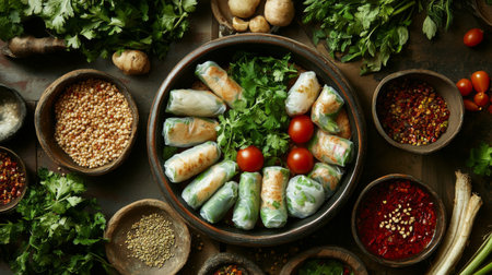 A serene setting with a bowl of spring rolls surrounded by fresh herbs and spices, evoking the freshness of ingredients in a light, airy atmosphere.の素材