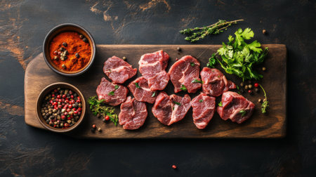 A top-down view of a cutting board with freshly sliced beef and spices, creating a vibrant composition of colors and textures for a culinary setting.の素材