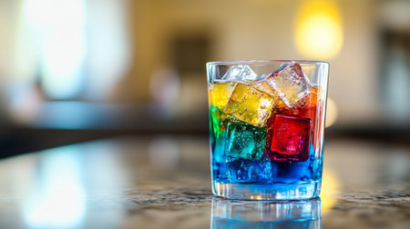 A vibrant glass of soda with colorful bubbles and ice cubes, positioned on a marble countertop, with a subtle reflection for a modern feel.の素材