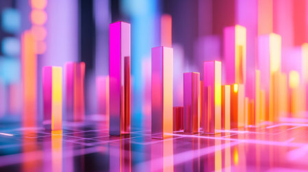 Multiple colorful D bars on a transparent glass platform, representing financial success and rising market trends in a futuristic setting.の素材
