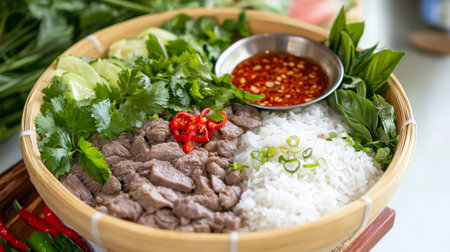 A vibrant display of beef rice served in a traditional bowl, accompanied by fresh herbs and chili paste, highlighting the flavors and textures of this beloved dish.の素材