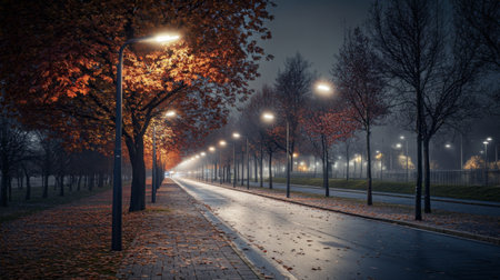 Streetlights glowing softly along a tree-lined road, casting long shadows and creating a peaceful evening atmosphere with a darkening sky.の素材