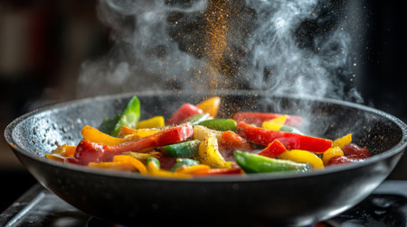 A vibrant shot of colorful vegetables sizzling in a frying pan, with steam rising and spices sprinkled on top, capturing the essence of cooking a delicious meal.の素材