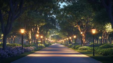Streetlights glowing softly along a tree-lined road, casting long shadows and creating a peaceful evening atmosphere with a darkening sky.の素材