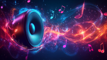 An abstract image of a speaker with swirling sound waves and musical notes, visually illustrating the connection between technology and music creationの素材
