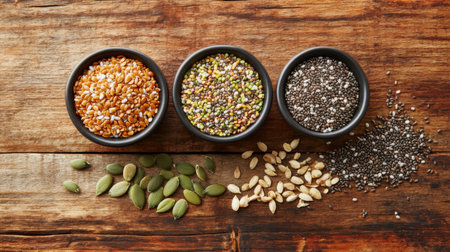 Aerial view of a mix of grains like chia seeds, flaxseeds, and pumpkin seeds, spread on a wooden surface for a natural, earthy compositionの素材