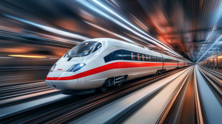 An impressive view of a high-speed train passing through a tunnel, with lights reflecting off its sleek surface, creating a dramatic and dynamic sceneの素材