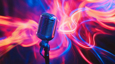 An abstract image of a microphone with swirling colors and lights, creating a vibrant atmosphere that symbolizes energy and creativity in musicの素材