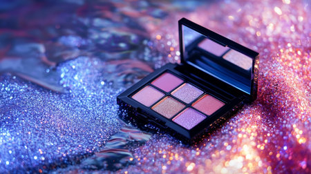An artistic display of highlighter palettes reflecting light, set next to shimmering sequins and glitter, capturing the essence of glam and radianceの素材