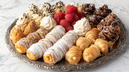 A beautiful display of assorted Italian pastries, including cannoli and sfogliatelle, arranged on a decorative plate, evoking the sweetness of Italian bakingの素材