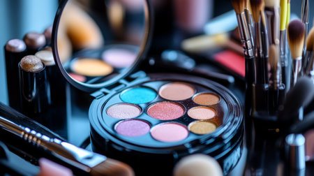 A close-up of an open compact mirror reflecting a vibrant array of colorful eyeshadows, surrounded by brushes and makeup tools, showcasing beauty essentialsの素材