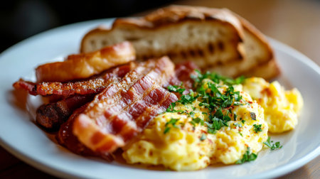 A beautifully arranged breakfast plate featuring perfectly cooked bacon, fluffy scrambled eggs, and toasted bread, garnished with fresh herbs for a colorful presentationの素材