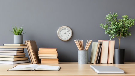 An organized minimalist office desk with neatly stacked books, a simple desk calendar, and a few decorative elements, emphasizing functionality and styleの素材