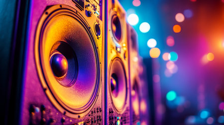 A captivating shot of speakers arranged in a row at a live concert, illuminated by colorful stage lights, capturing the energy and excitement of a performanceの素材