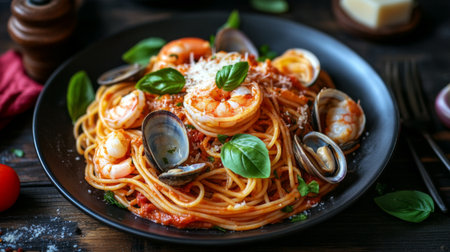 A beautifully plated dish of spaghetti with seafood, featuring clams, shrimp, and a rich tomato sauce, garnished with basil leaves and Parmesan cheeseの素材