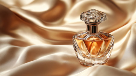 A delicate crystal perfume bottle with a faceted design, reflecting light and colors, placed against a soft silk background for an elegant touchの素材
