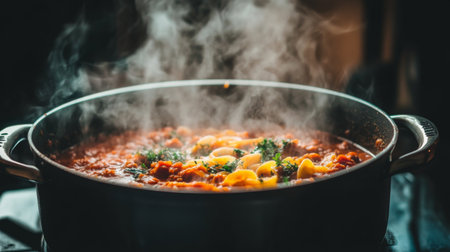 A close-up shot of a rich, savory bolognese sauce simmering in a pot, showcasing the vibrant colors of tomatoes, herbs, and ground meat, perfect for pasta dishesの素材