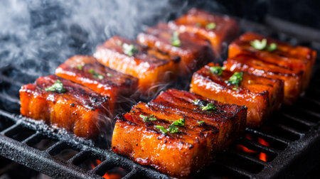 A mouthwatering image of pork belly slices marinated in spices, sizzling on a grill, with smoke rising and herbs scattered around for added flavorの素材