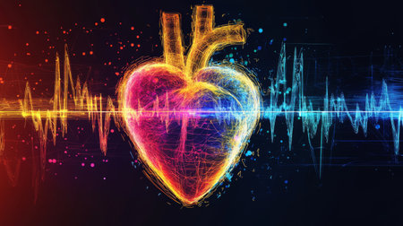 A conceptual illustration of heart waveforms in bright colors against a black backdrop, showcasing the complexity and beauty of cardiac rhythmsの素材