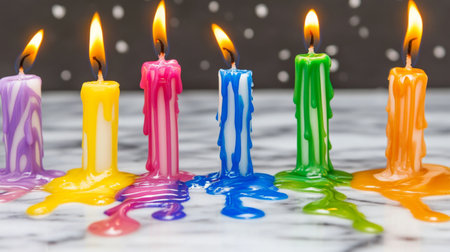 A cluster of colorful candles melting slightly on a marble surface, with drips of wax creating interesting patterns and texturesの素材
