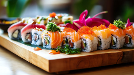 A colorful salmon sushi platter featuring various rolls, sashimi, and garnishes, artfully arranged on a wooden sushi board, capturing the elegance of Japanese cuisineの素材
