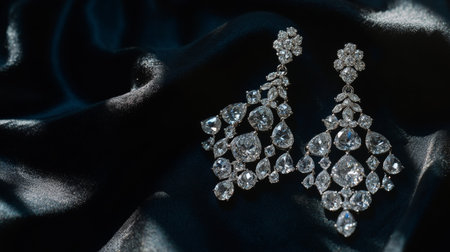 A pair of elegant chandelier diamond earrings showcased on a dark velvet cloth, with soft lighting creating dramatic shadows that enhance their beautyの素材