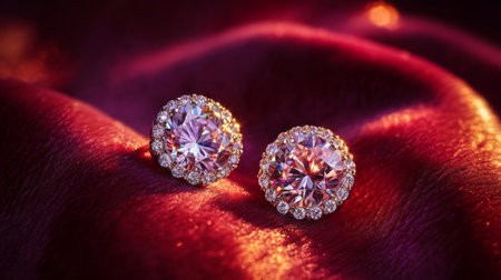 A stunning close-up of sparkling diamond earrings displayed elegantly on a velvet surface, showcasing the brilliance and clarity of the diamonds under soft lightingの素材