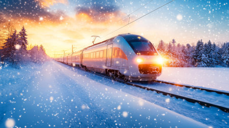 A high-speed train traveling through a snow-covered landscape, with snowflakes gently falling around it, creating a serene winter sceneの素材