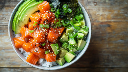 A stunning overhead view of a salmon poke bowl filled with cubed salmon, avocado, seaweed, and rice, beautifully garnished with sesame seeds and green onionsの素材