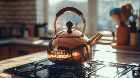 A shiny copper kettle on a stovetop, reflecting warm light from nearby windows, set against a backdrop of colorful kitchen utensilsの素材
