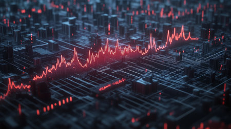 A high-resolution image of a heartbeat monitor showing an active heart wave, with sharp peaks and valleys representing vital signs in real-timeの素材