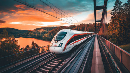 A sleek high-speed train on a modern bridge at sunset, with warm hues in the sky reflecting on the train's surface, creating a striking visual contrastの素材