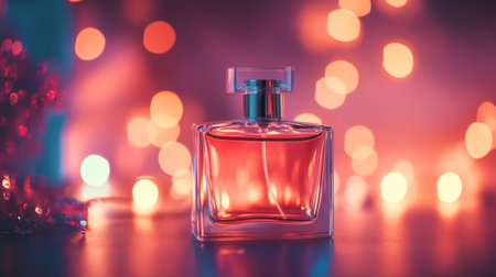 A soft-focus image of a perfume bottle with a sprayer, surrounded by dreamy bokeh lights, creating an enchanting atmosphere of fragrance and allureの素材