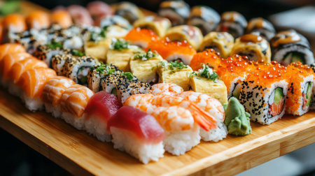 A stunning display of sushi rolls and sashimi, artfully arranged on a wooden platter, showcasing the freshness and variety of seafood in Japanese cuisineの素材