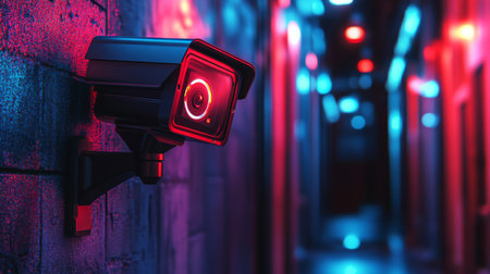 A stunning shot of a high-tech CCTV camera with infrared capabilities, set against a backdrop of a darkened alley, highlighting its advanced features for surveillanceの素材