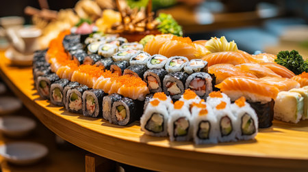 A stunning display of sushi rolls and sashimi, artfully arranged on a wooden platter, showcasing the freshness and variety of seafood in Japanese cuisineの素材