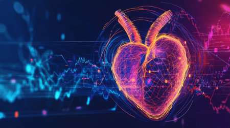 A vibrant heart wave chart displayed on a digital interface, with pulsing animations that capture the attention and represent heart healthの素材