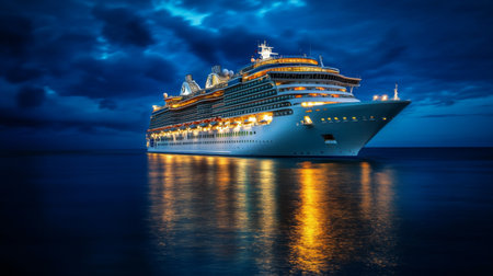 A view of a luxurious cruise ship illuminated at night, with its lights reflecting on the water, creating a magical and romantic atmosphere on the open oceanの素材