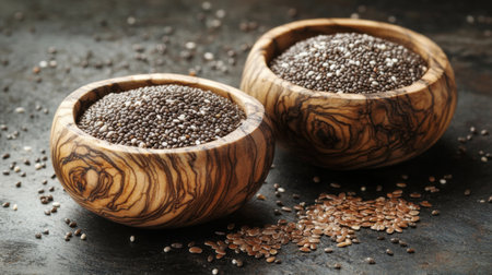Close-up of chia and flax seeds in small wooden bowls, surrounded by raw ingredients, representing superfood grains for healthの素材