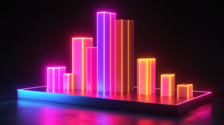 Modern D bar chart with neon-colored bars and gradient lighting, set against a dark background for a futuristic lookの素材