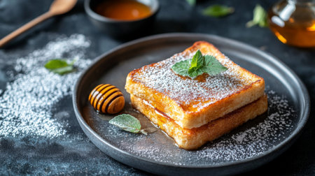 Fluffy cinnamon toast dusted with powdered sugar, with a small dish of honey on the side for a warm and sweet morning treatの素材