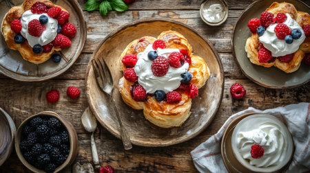 Toasted brioche topped with whipped cream and berries, creating a delightful and inviting brunch setup on a rustic tableの素材